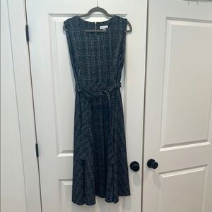 Calvin Klein Tweed Belted A-Line Sleeveless Dress - Navy Multicolored - Size 16